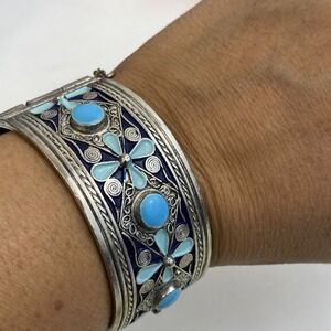 Victorian Wide 900 Egyptian Etruscan Filigree Floral Hinged Bracelet